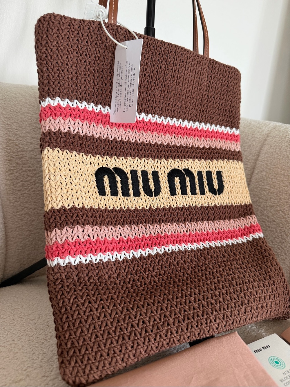 Miu Miu Crochet Knit Shopping Tote Bag Brown Pink Striped Large Raffia-effect - Picture 5 of 14